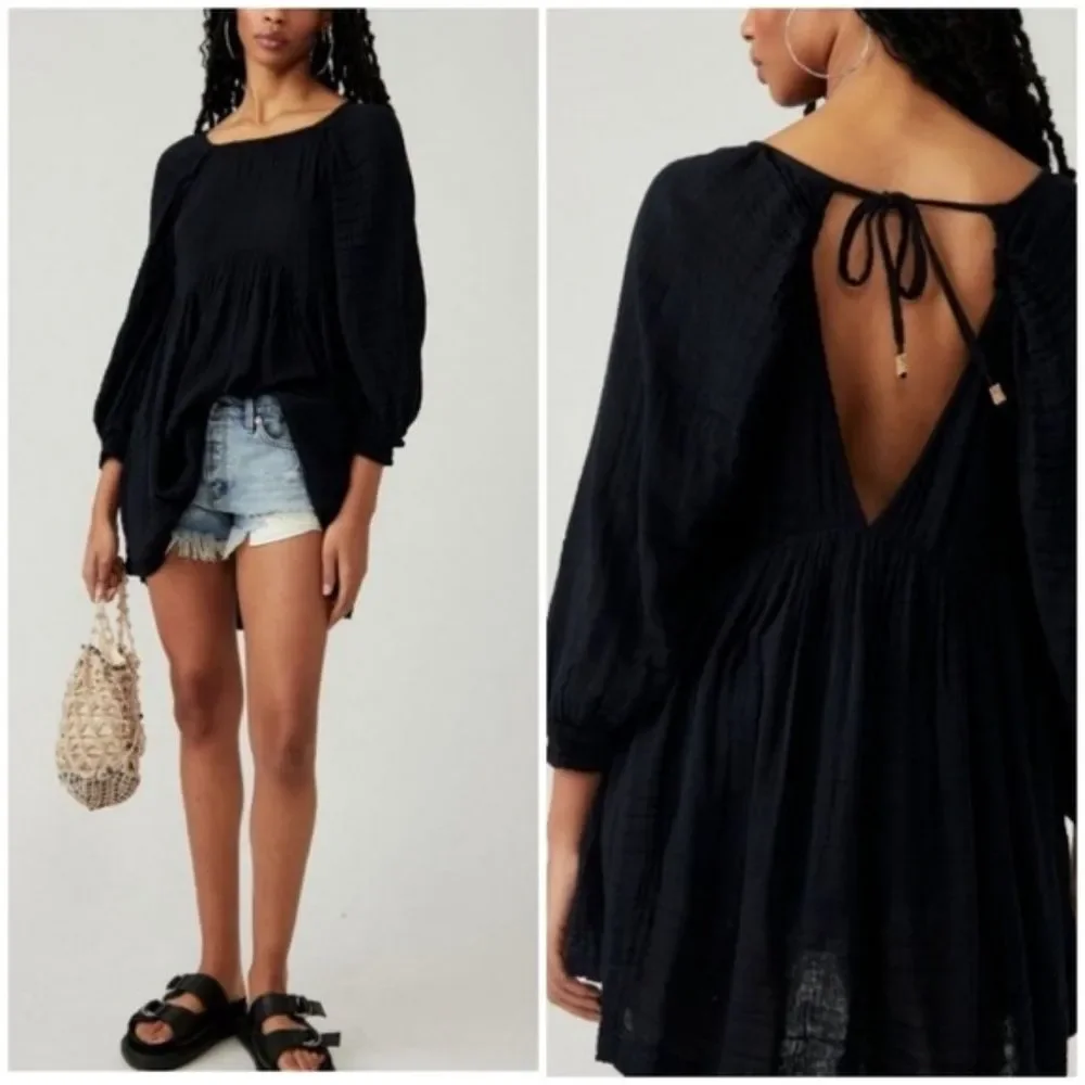 Free People free-est Adler Tie Back Tunic Top Black Size XS